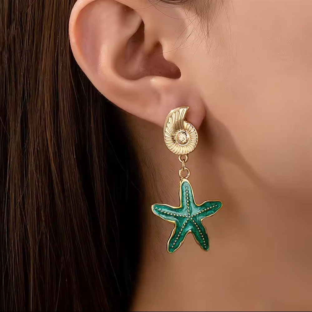 Gold and Green Starfish Earrings
